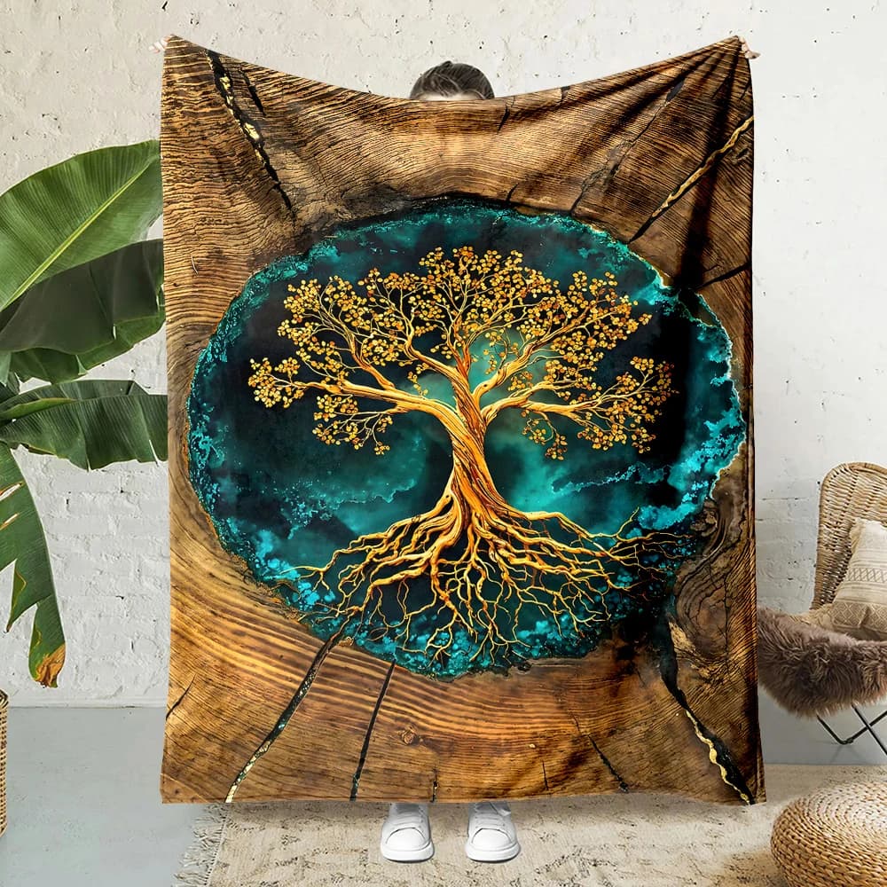 Coperta con stampa Golden Tree of Life e radici di geode verde acqua, calda, morbida e soffice, per bambini e adulti, per divano, letto, viaggi, campeggio, camper