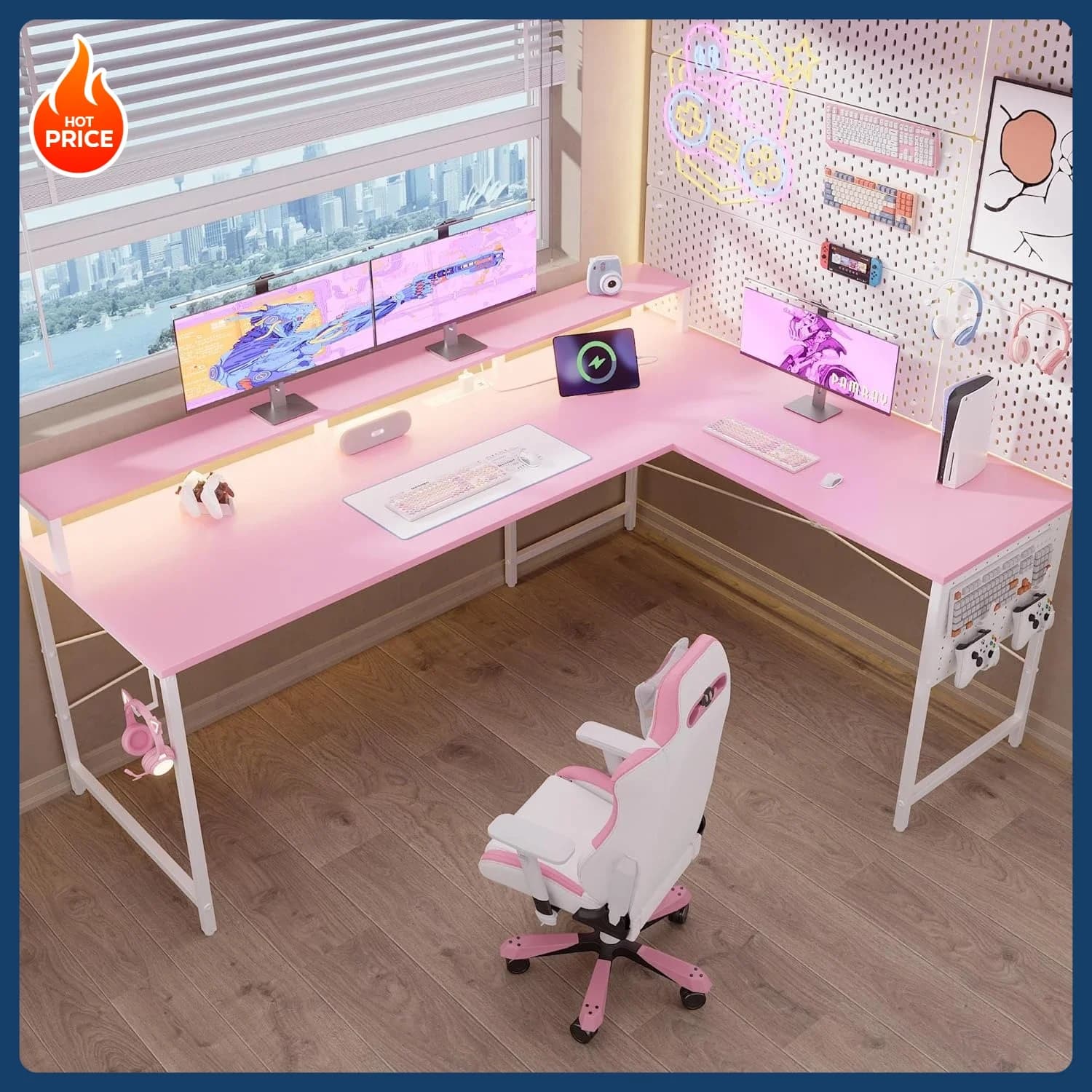 Spedizione Gratuita! Scrivania da Gaming a L da 64 Pollici con Prese di Corrente e Luci LED, Grande Scrivania Angolare per Computer con Supporto per Monitor