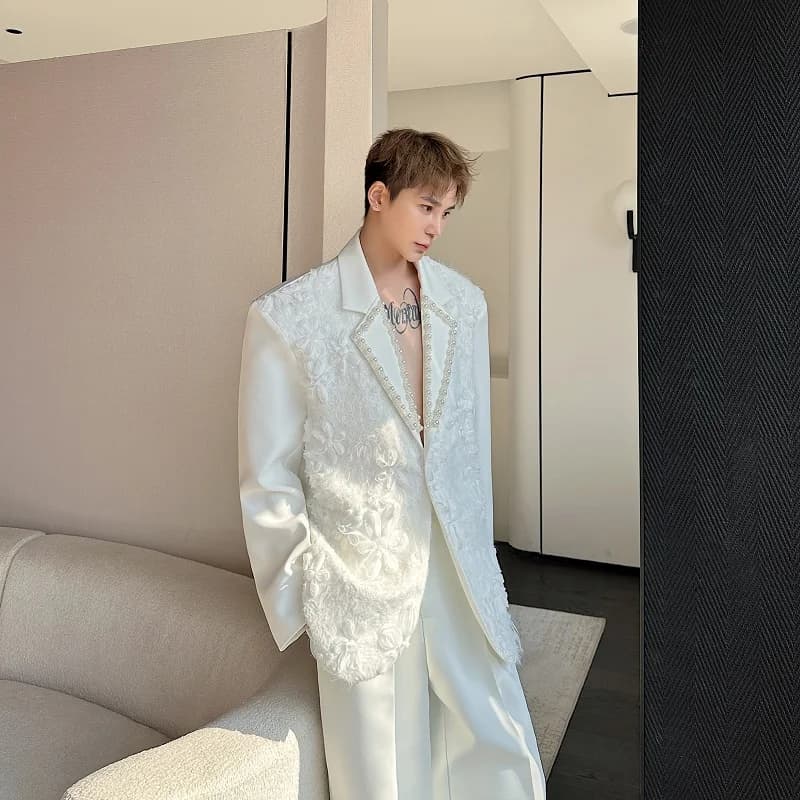 Spring Fashion Casual Pearl Collar Embroidered Jacket Luxury 3D Floral Men's Suit Outerwear Trendy Performance Wardrobe