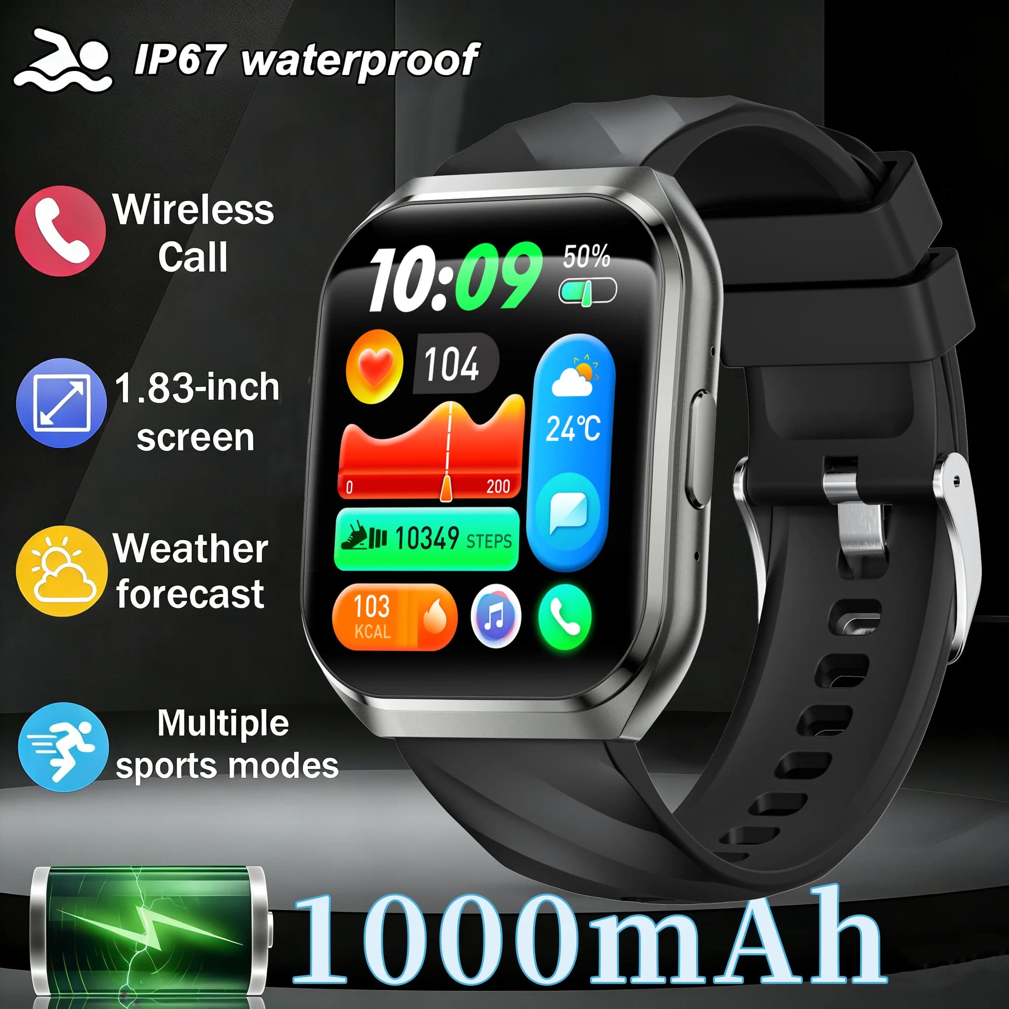 2025 Nuovo orologio intelligente militare da esterno da uomo 1.83 "AMOLED IP67 impermeabile 1000mAh batteria super grande BT chiamata orologio