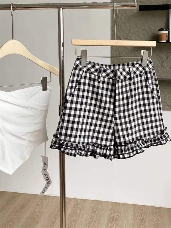 Sweet And Cool Plaid Ruffle Shorts for Women Home Wear Outdoor Wear High Waist Wide Leg Pants Asymmetric Korean Style Summer