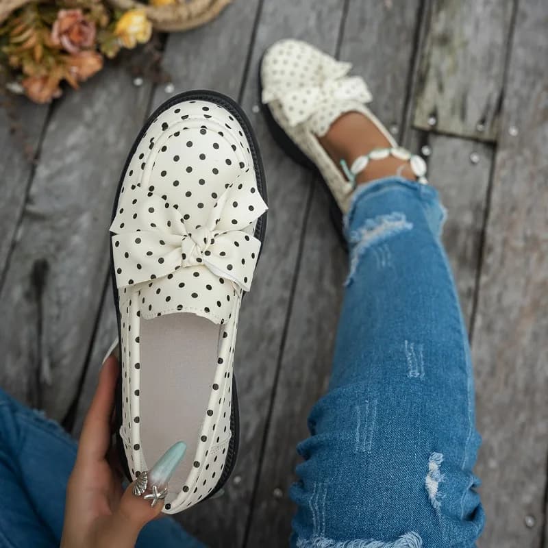 Spring Autumn New Polka Dot Bow Decor Thick Soled Women's Loafers 2026 Fashion Retro Style Round Toe Casual Comfort Women Shoes