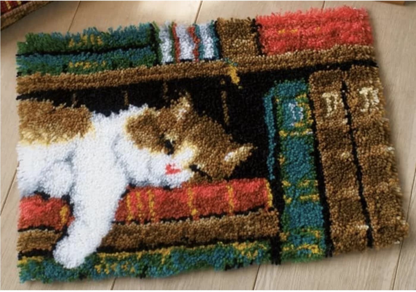 Cat on Bookshelf Latch Hook kit di tappeti per adulti e Starter fai da te punto croce gancio di chiusura tappeto divano sedile cuscino kit di uncinetto