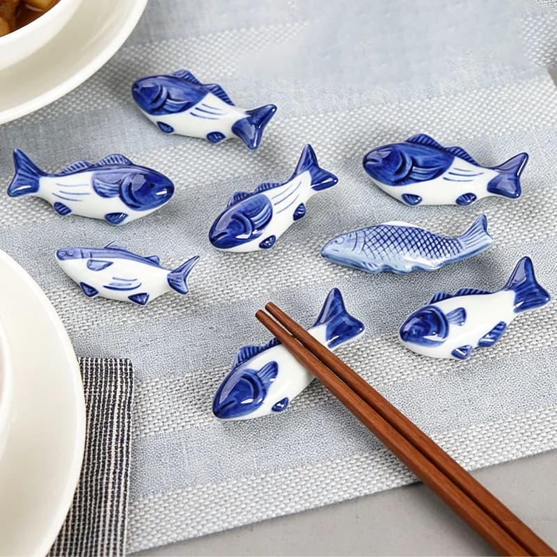 9pcs Ceramic Chopstick Rest Cute Blue Fish Utensil Holder Restaurant Spoon Stand Japanese Style Sushi Chopstick Stand for Table