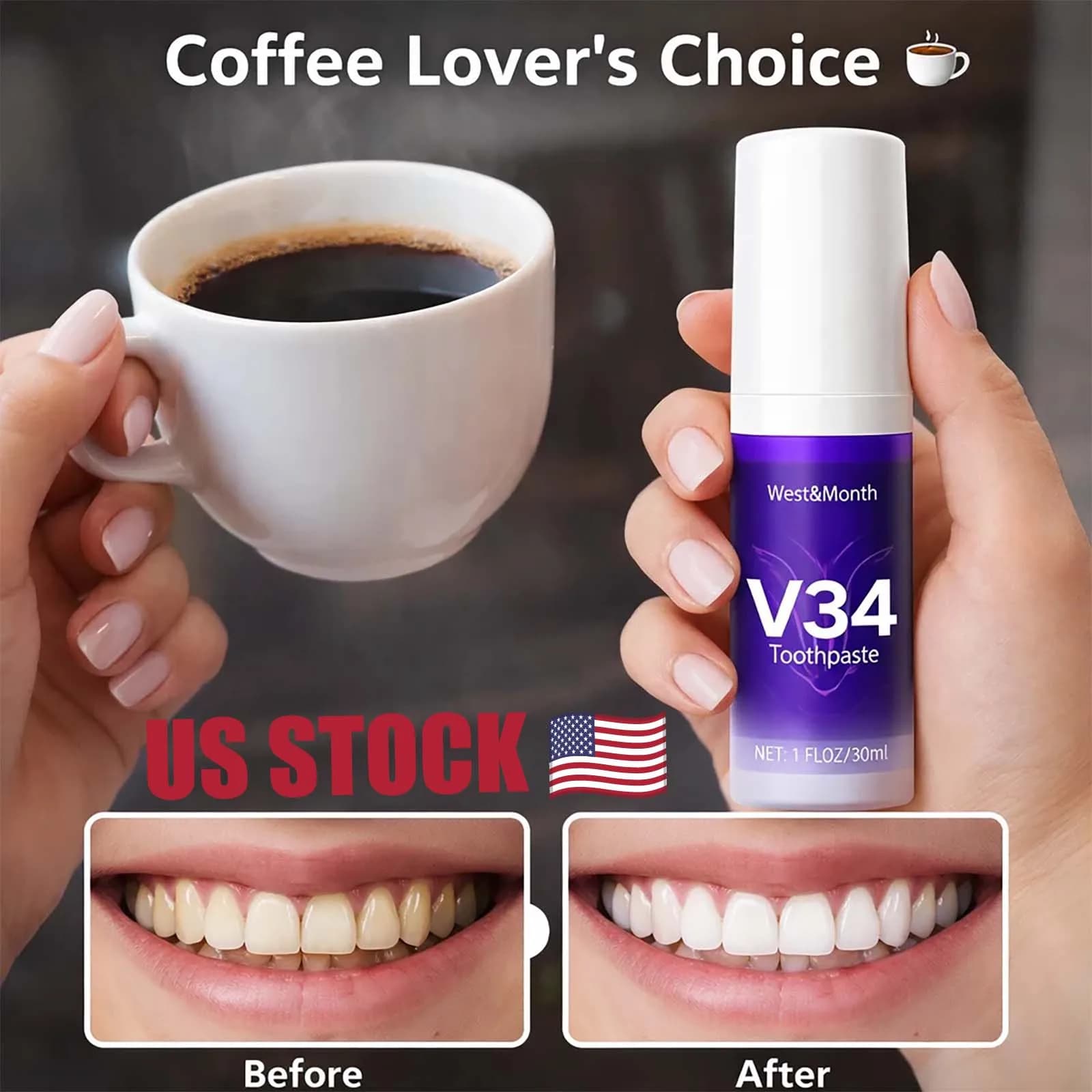 Mousse sbiancante per denti V34, dentifricio correttore di colore viola, cura dentale, 30ml