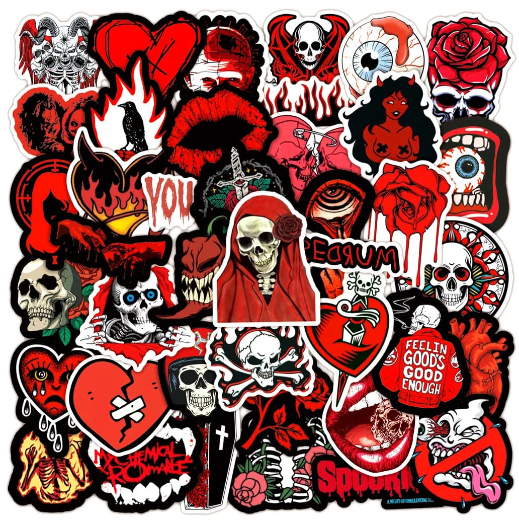 10/50/100PCS Red Black Gothic Skull Stickers Horror Thriller Waterproof Graffiti Decals for Water Bottle Notebook DIY Decor