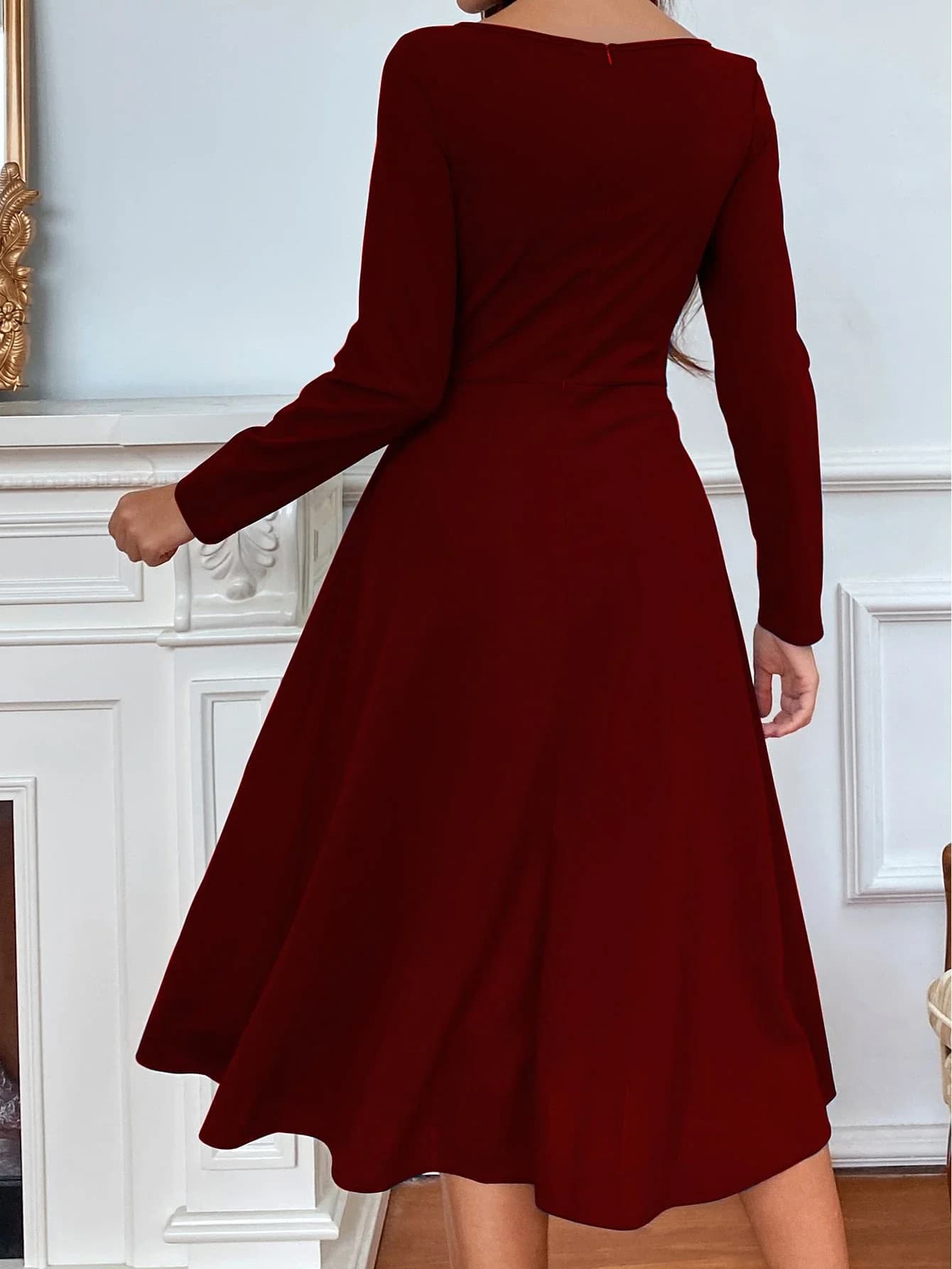Wine Red Long Sleeve Round Neck A-Line Elegant Women Dress For Christmas New Year
