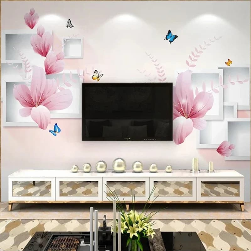 Custom 3D Parade Card with White Frame Butterfly and Flowers for Living, TV Background, Large Size Waterproof Wall Decoration
