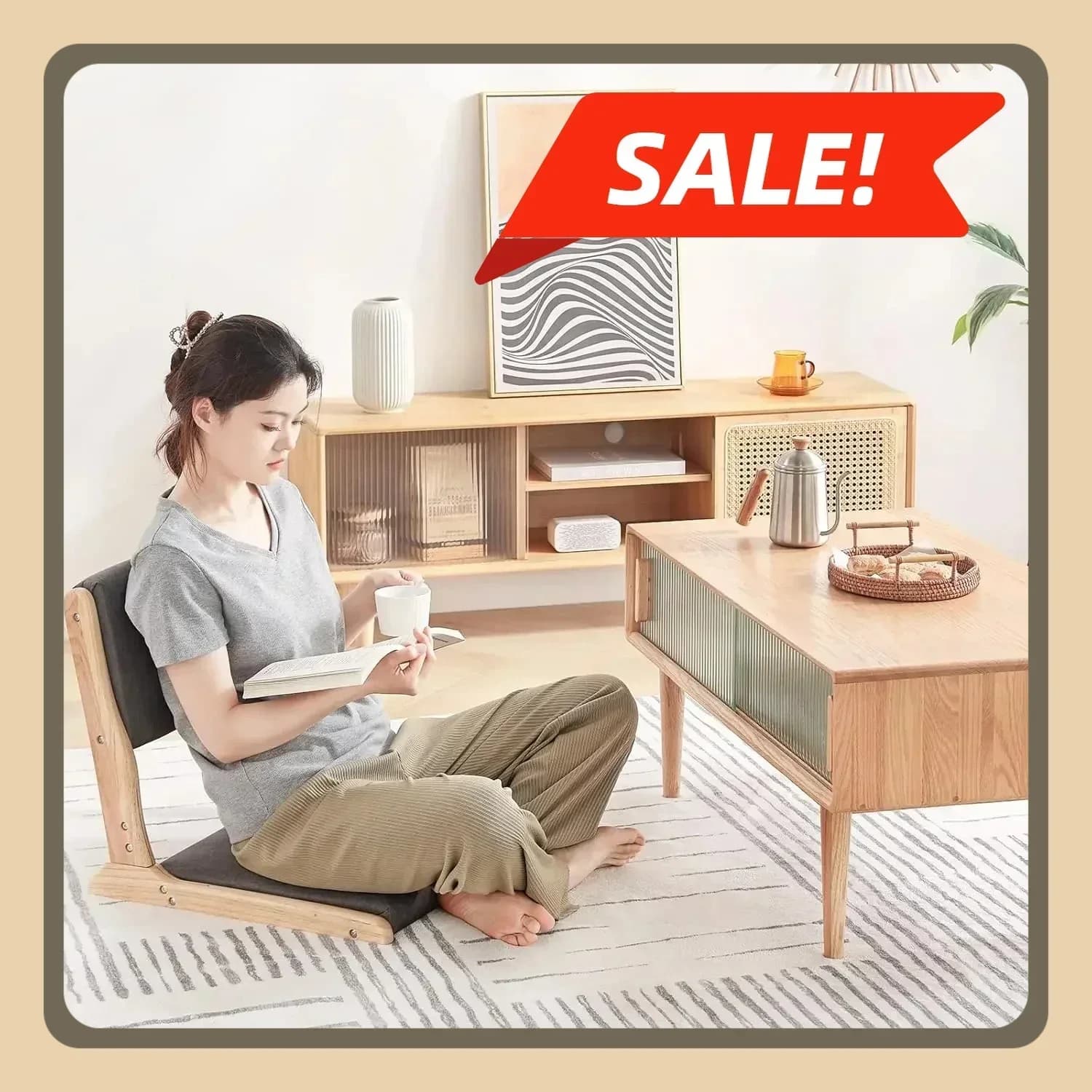 Tiita Floor Chair with Cushion Back Support, Foldable Meditation Tatami Chairs, Living Room