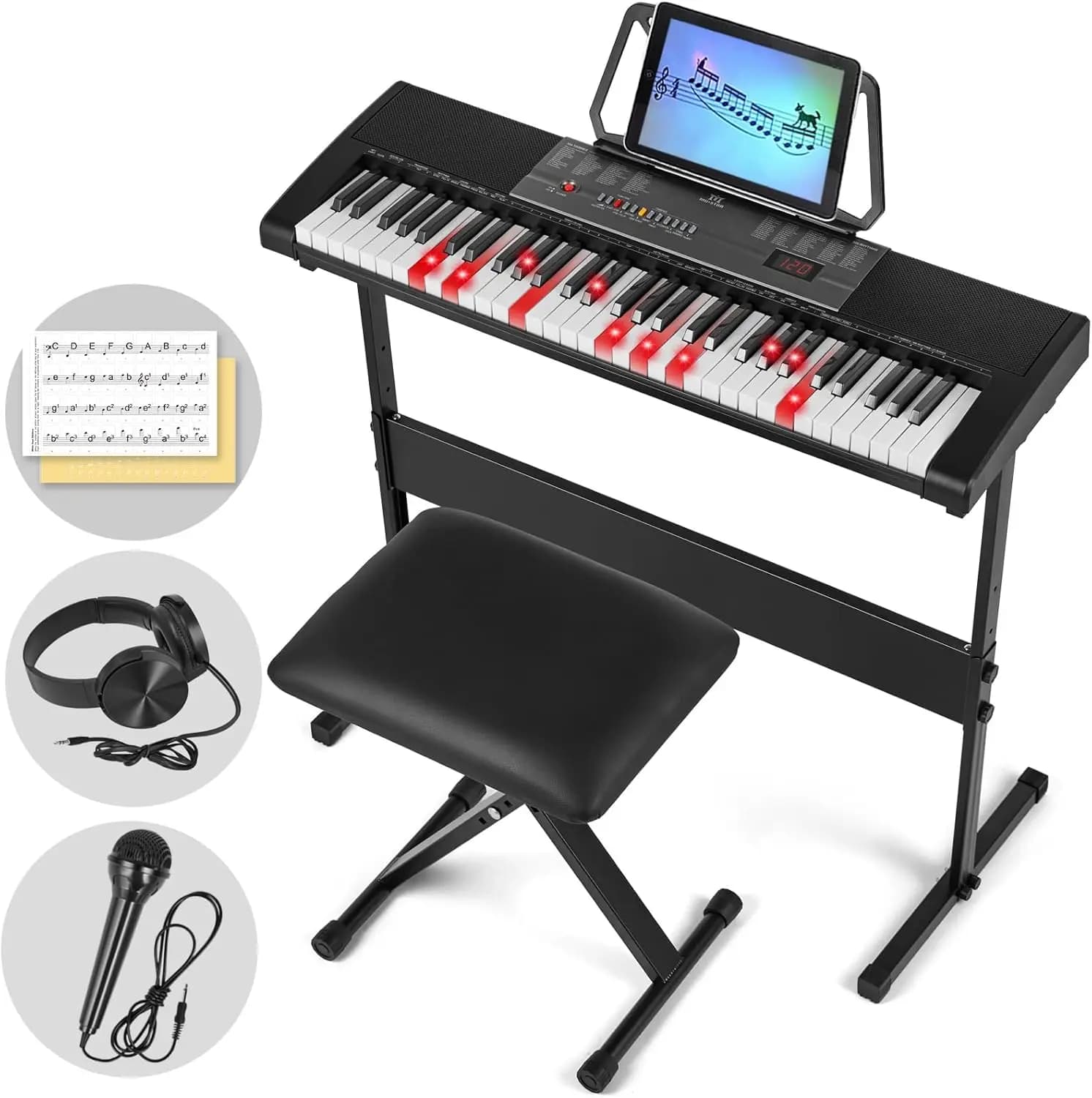 Tastiera per pianoforte a 61 tasti con tasti illuminati, tastiera elettrica per principianti, include supporto, cuffie, microfono, schermo LCD
