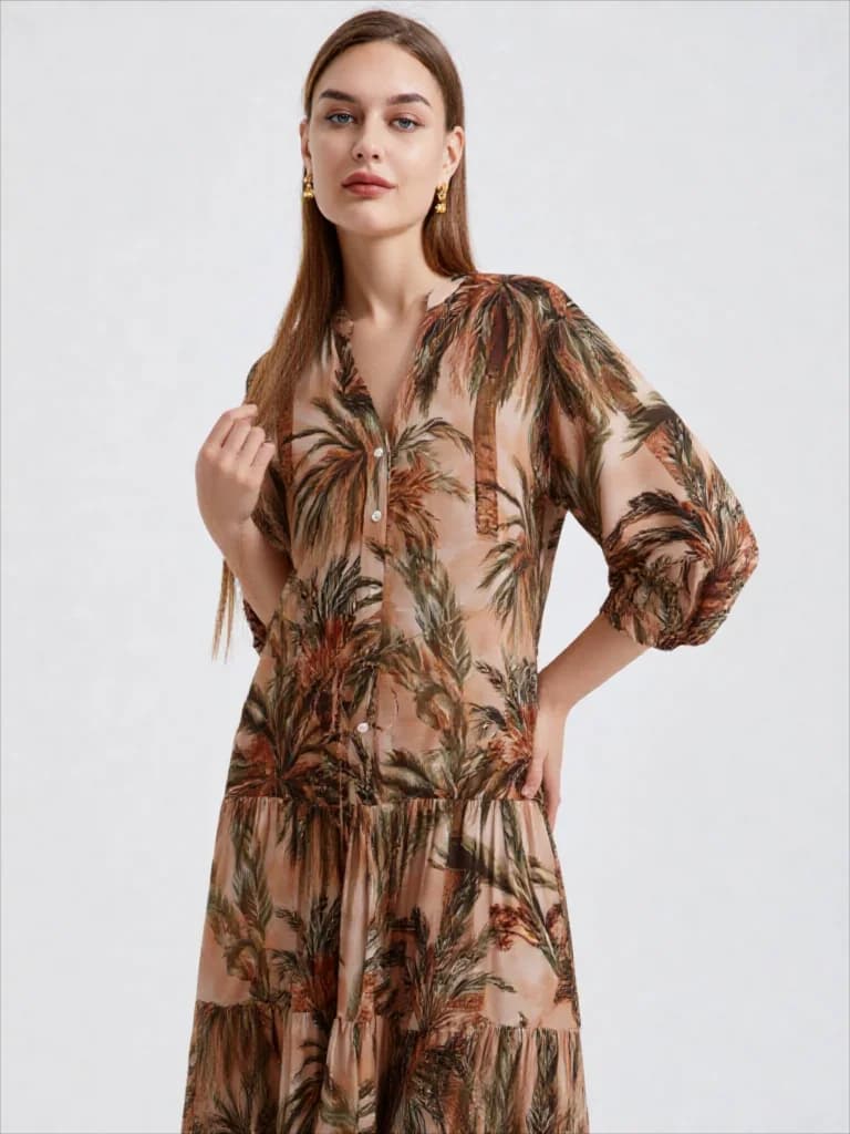 Autumn Long Sleeved Elegant Women's Dress With Plant Floral Print Lantern Sleeves Court Style Printed Waist Cinching Midi Dress