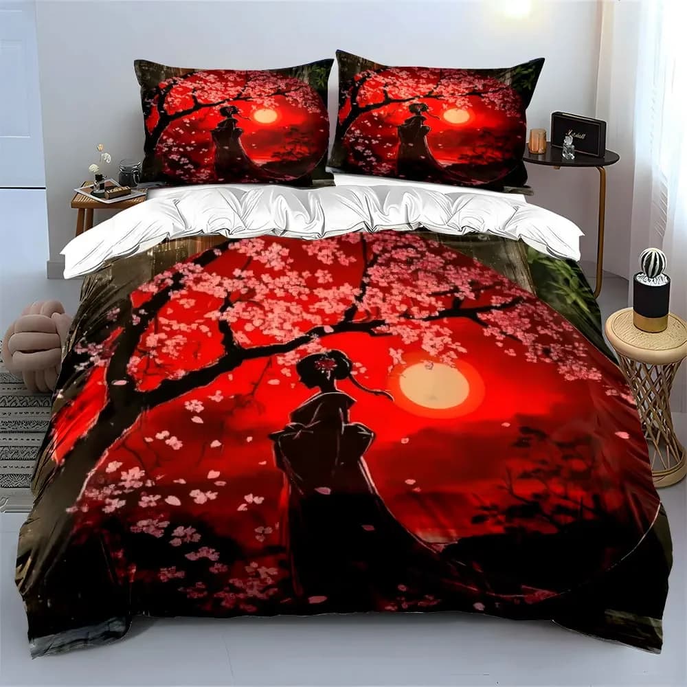 Set di biancheria da letto con copripiumino morbido e confortevole in stile giapponese Sakura Sunset, include 1 copripiumino e 2 federe, regalo