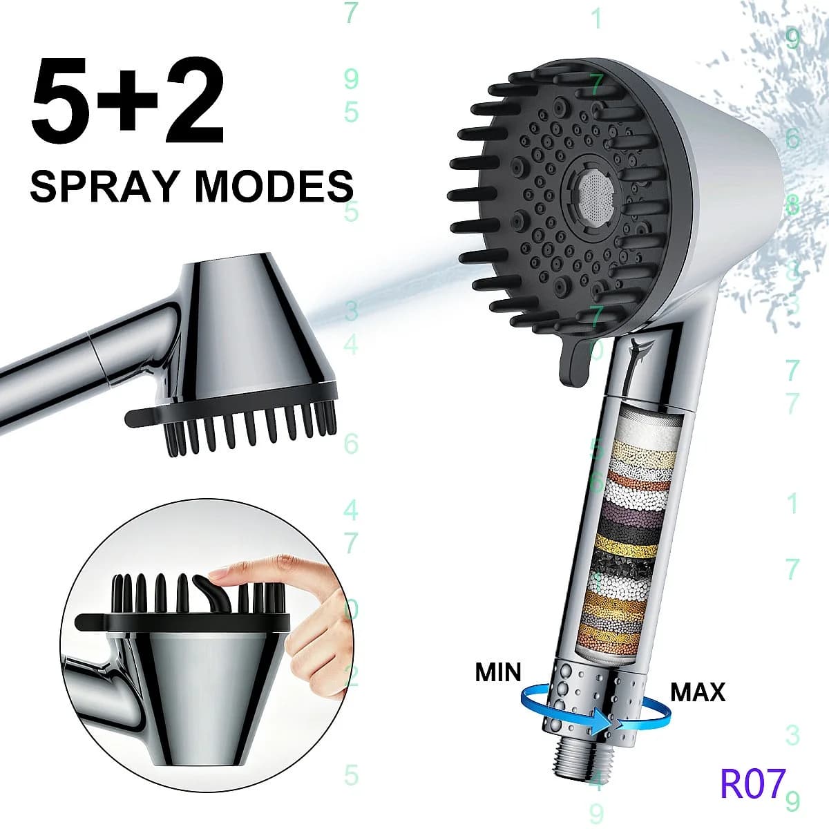 5+2 Function Magnetic Filter Shower Head with Handheld Spray Gun for Massage