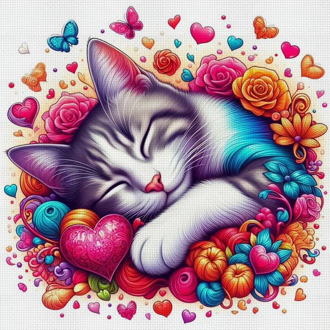Kit Punto Croce Gatto Floreale Sognante Fai da Te 11CT Ricamo Decorazione Murale Casa Regalo Materiale Artigianale Senza Cornice Semilavorato 36×36cm