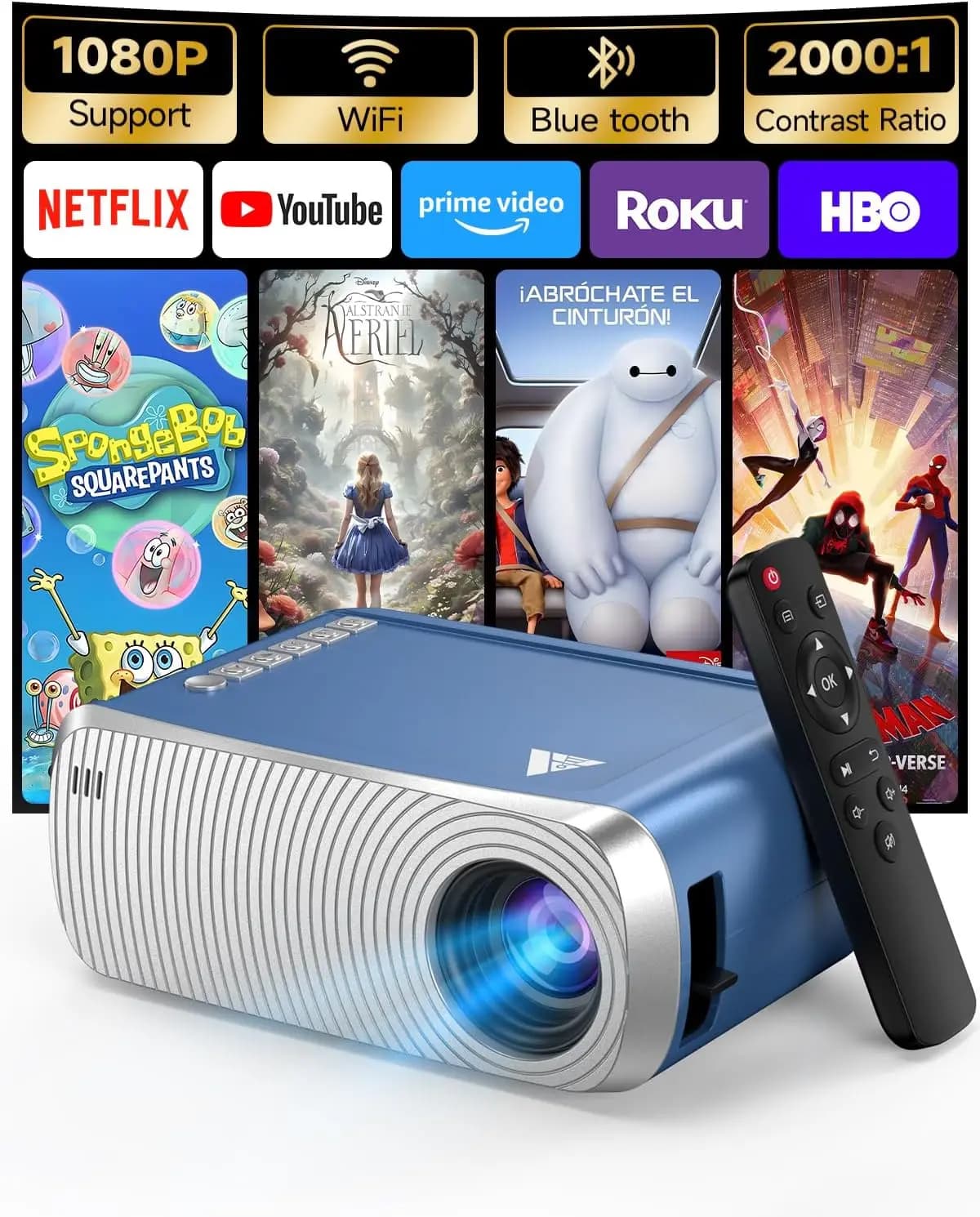Mini Proiettore 1080P con WiFi e Bluetooth, Portatile per iPhone, Altoparlante da 3W, Home Theater per Esterni