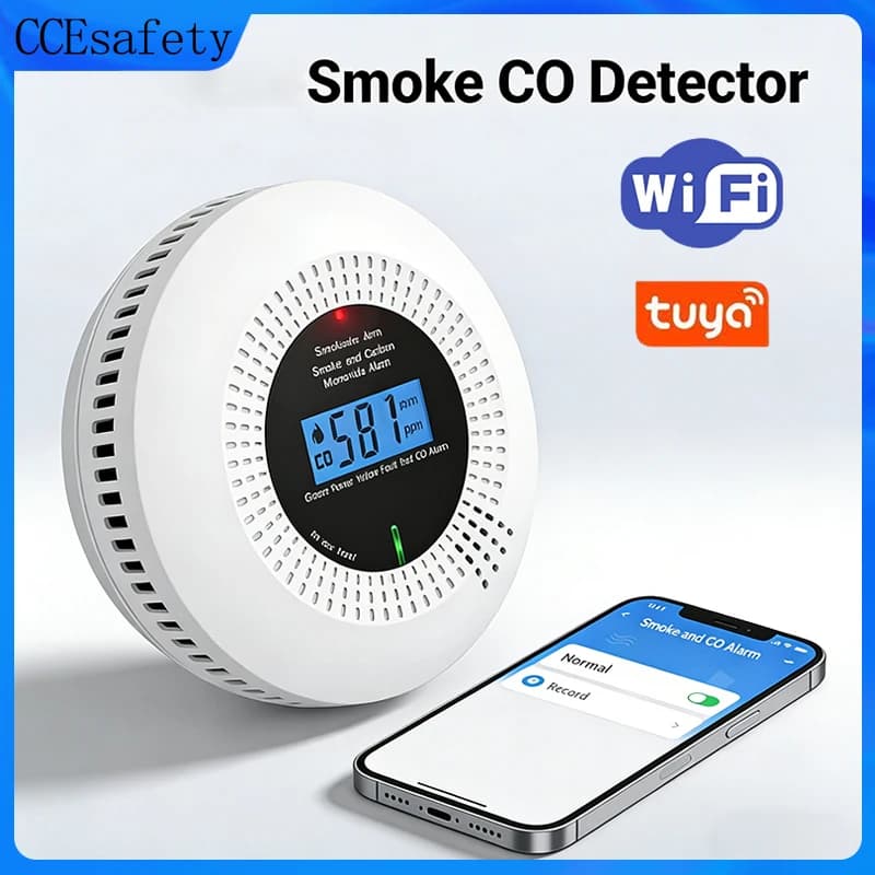 Rilevatore di fumo e CO Wi-Fi Tuya, allarme fumo e CO alimentato a batterie AA, sensore con durata di 10 anni, display LCD, pulsante silenziatore per la casa