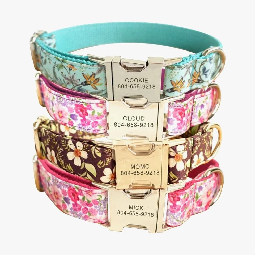 Collare per Cani Personalizzato con Fiori di Margherita, Fibbia con Nome Inciso Gratuita per Cani Piccoli Medi e Grandi, Guinzaglio Abbinato Disponibile