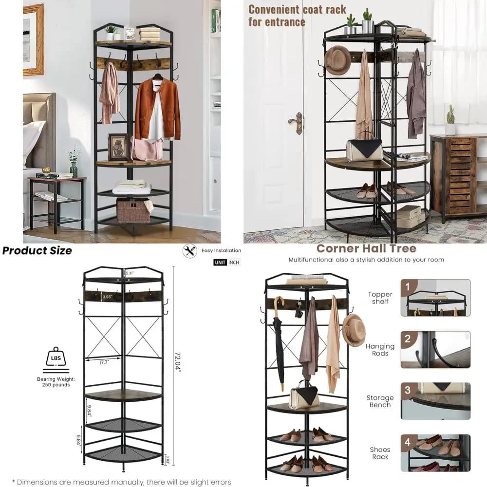 Panca da ingresso 5 in 1 con 11 ganci, 2 aste, pannello a griglia, ripiano per scarpe - Organizer per albero da ingresso per cappotti e accessori