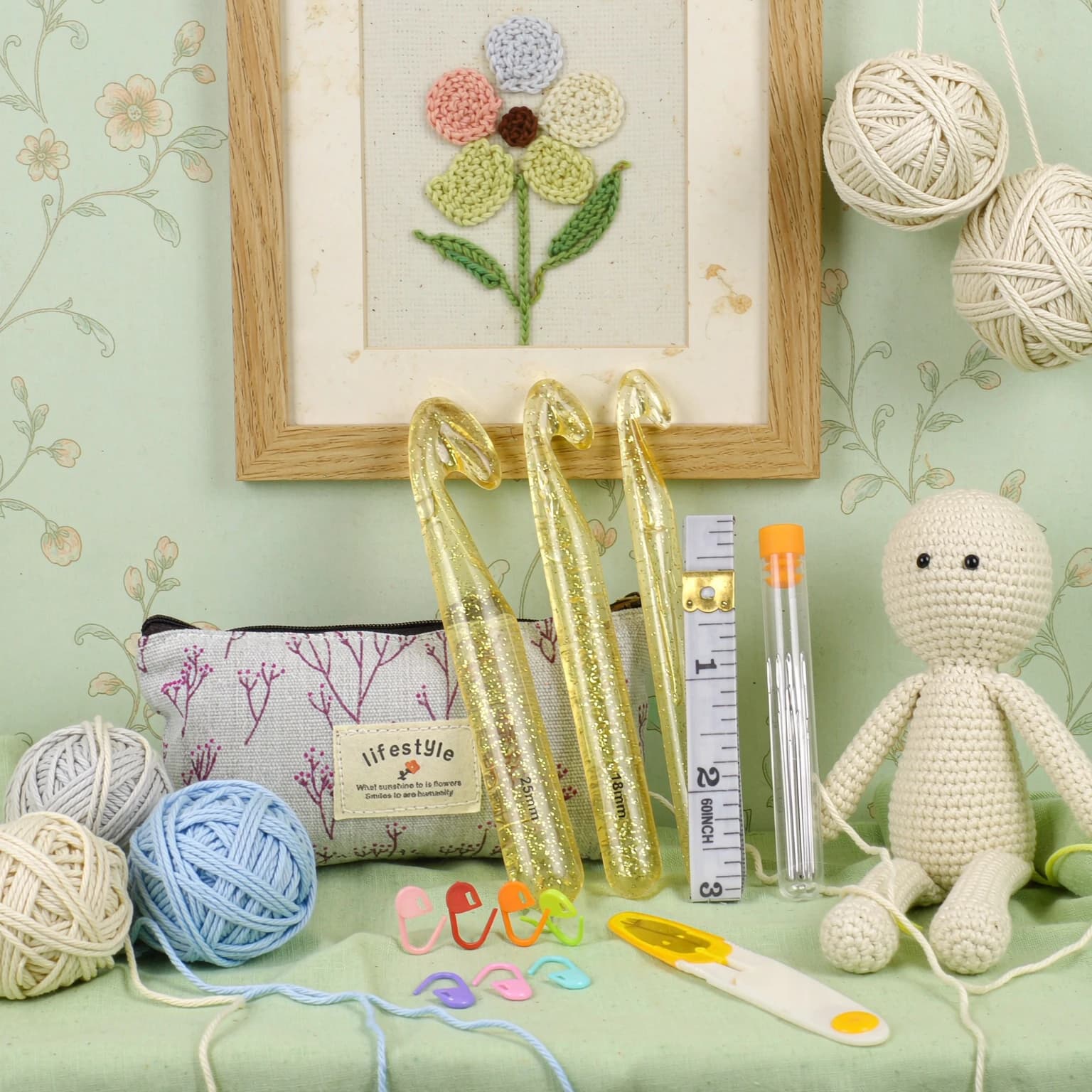 Crochet Needles Kit – Large Gauge Hooks with Accessories Storage Pouch, Comfortable Grip for Handmade Weaving, Sewing Craft TMZ