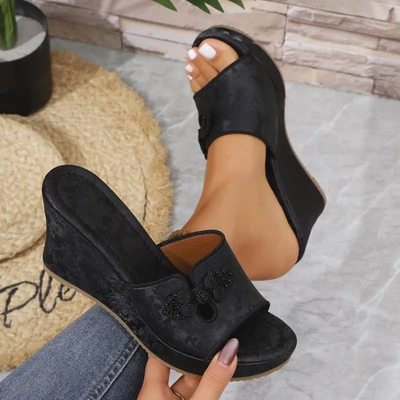 Women's Mules Sandals Open Toe Slip on High Wedge Heel Platform Knotted Applique Cutouts Textured Upper Casual Everyday Shoes