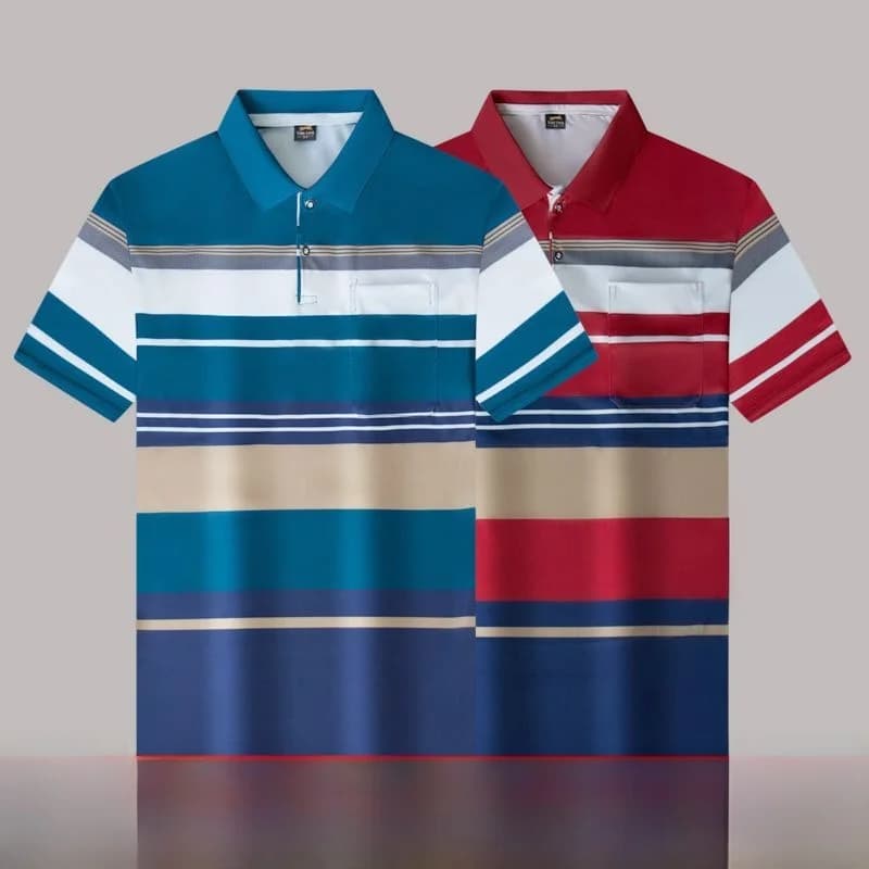 Men's Short Sleeve T-Shirt Summer New Style Dad Striped Turn-down Collar Loose Fit Casual Top 2025 Spring Collection