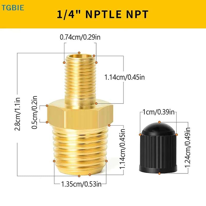 [TL] Adattatore per gonfiaggio pneumatici in ottone da 2 pezzi con valvola interna da 1/4" NPT (M) a valvola Schrader standard (M) - Connettore per gonfiaggio pneumatici