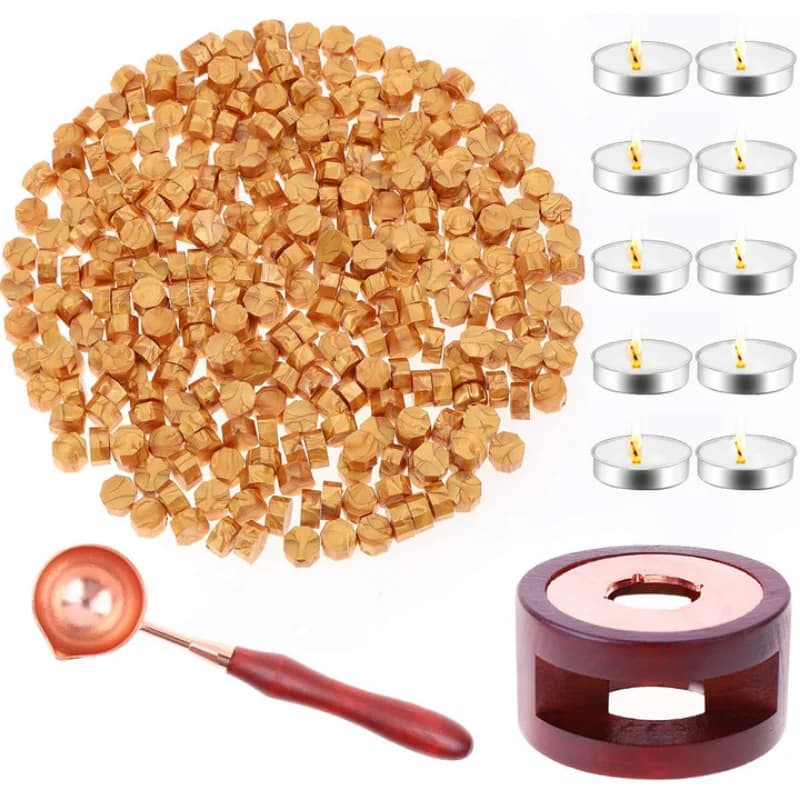 The set of seals for wax includes 200 golden wax seal beads, 1 wax seal heater, 1 wax spoon and 10 white tealight candles for wax seals
