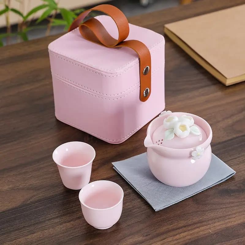 Handmade Pink Flower Ceramic Travel Tea Set One Teapot Two Cups Portable Tea Set Gift Box For Home Office