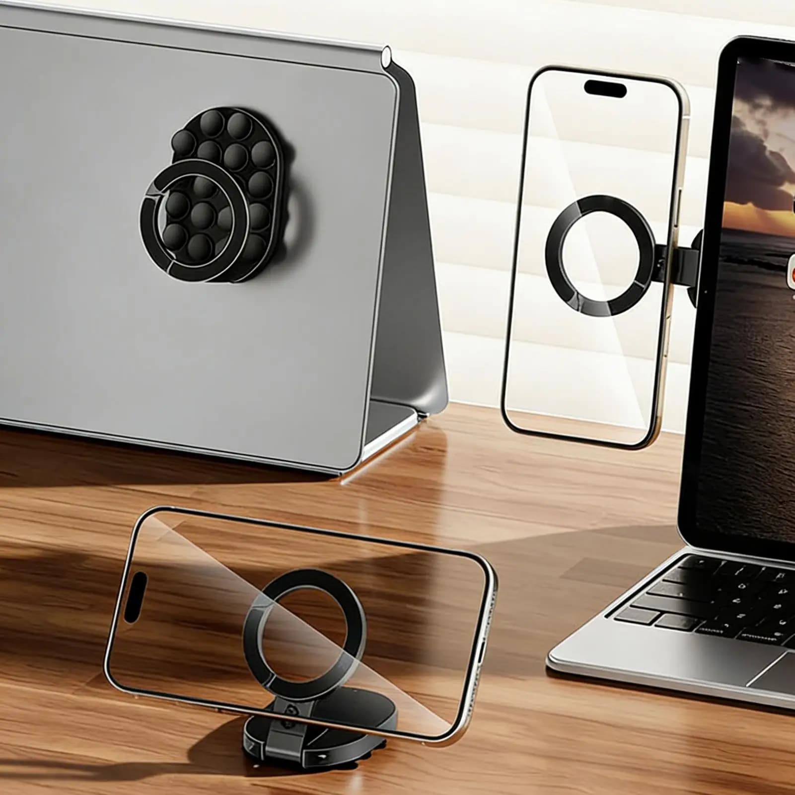 Supporto Magnetico da Scrivania per Smartphone con Ventosa per iPhone, Mini Supporto Tascabile per Vetri, Finestre e Laptop, Regolabile a 360 Gradi