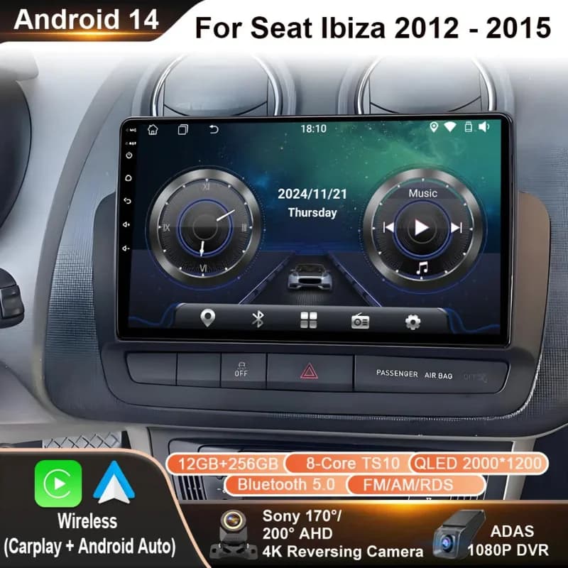 Autoradio For Seat Ibiza 2012 - 2015 2K QLED Android 14 Video player Multimedia GPS 4G CarPlay Car Stereo Wireless No 2Din WIFI