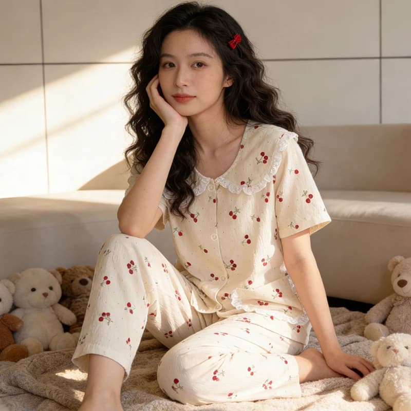 Doll Collar Sweet Cherry Short Sleeved Long Pants Sleepwear Women's Homewear Student Fashionable Soft and Casual Pajamas