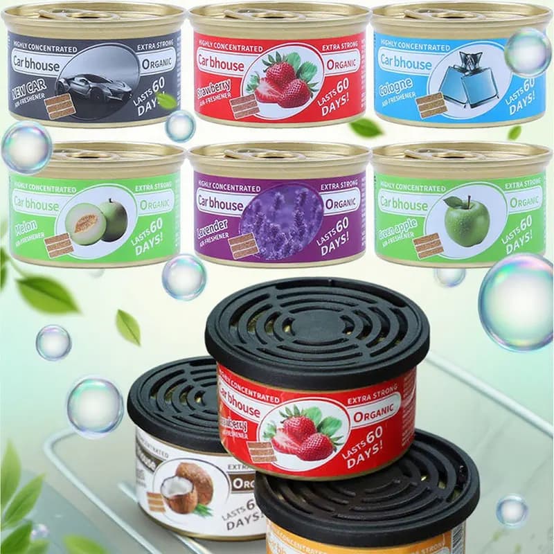 Deodorant for car with long lasting strong fragrance, fruit scent, organic cans, odor remover, essential for automatic home closet