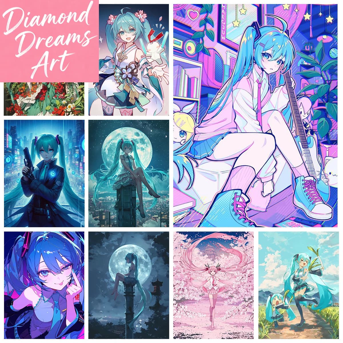 Quadro senza cornice, Singer Miku DIY Diamond Painting Kawaii Idol 5D Diamond Embroidery Cross Stitch Second Dimension Girl Mural Home Decor