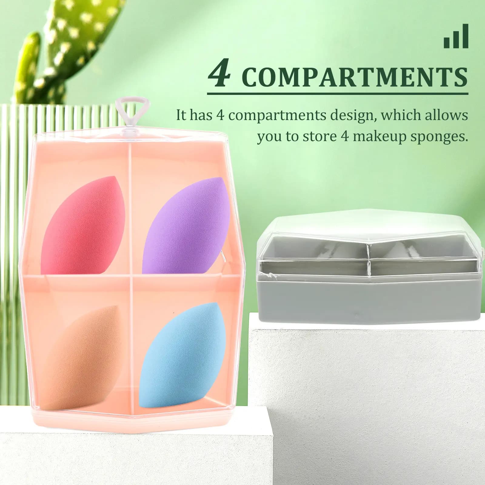 2Pcs Premium ABS Beauty Sponge Box 4-Compartment Compact Makeup Sponge Holder Storage Case Portable Lightweight