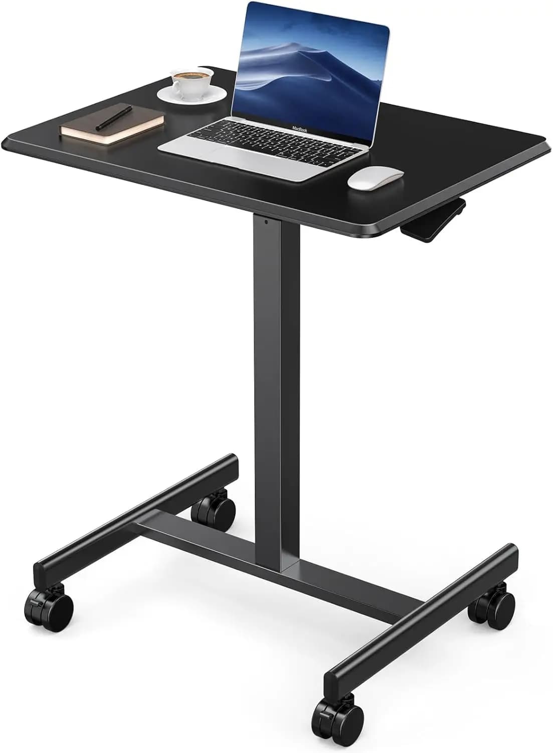 Scrivania mobile regolabile in altezza con ruote, tavolo portatile per laptop per ufficio domestico, nero