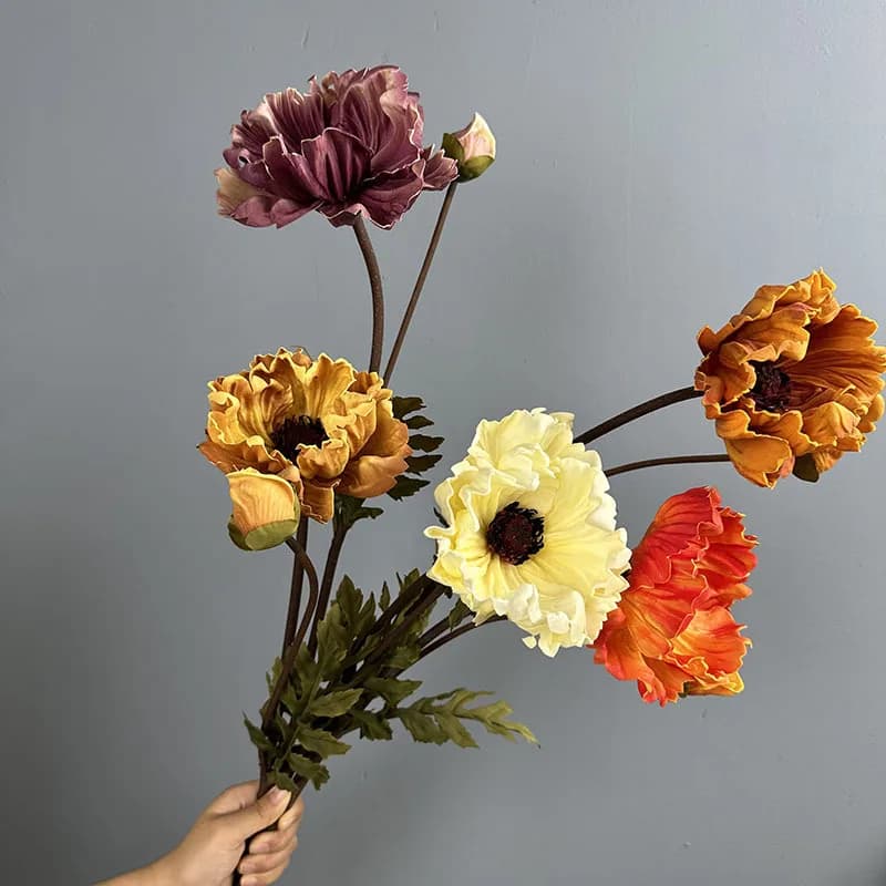 5pcs PU Bean Paste Poppies Simulation Flowers Hotel Decoration Artificial Poppy Bud Branch Fake Flower Hall Decorative Plant