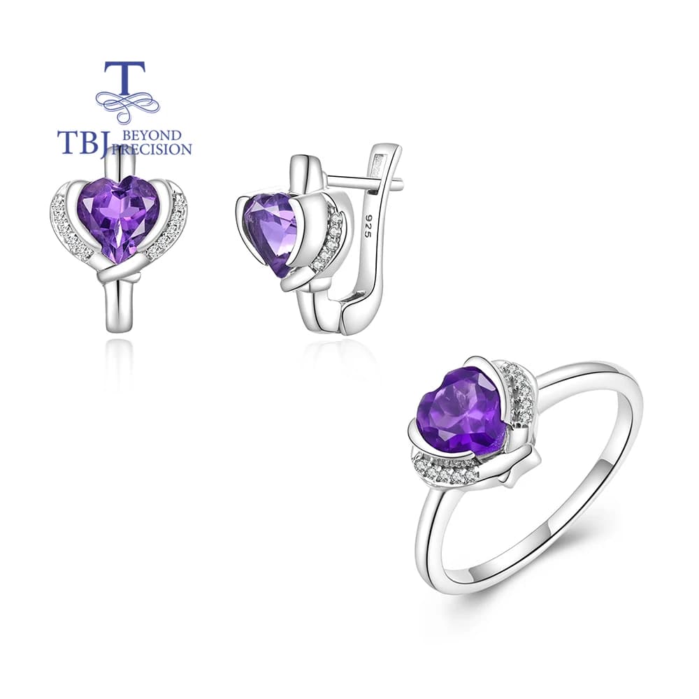 Fashionable design silver rings and earrings set for women and girls, natural amethyst, February lucky stone, refined jewelry, birthday party gift