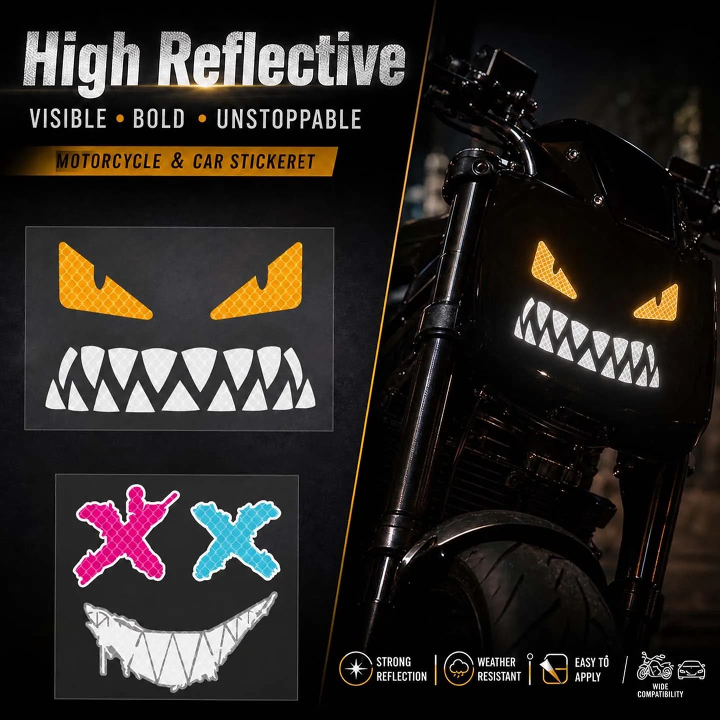 High Reflective Devil Smile Motorcycle Stickers Moto Bike Head Tail Box Car Night Safety Warning Decor Vinyl Accessories Decals