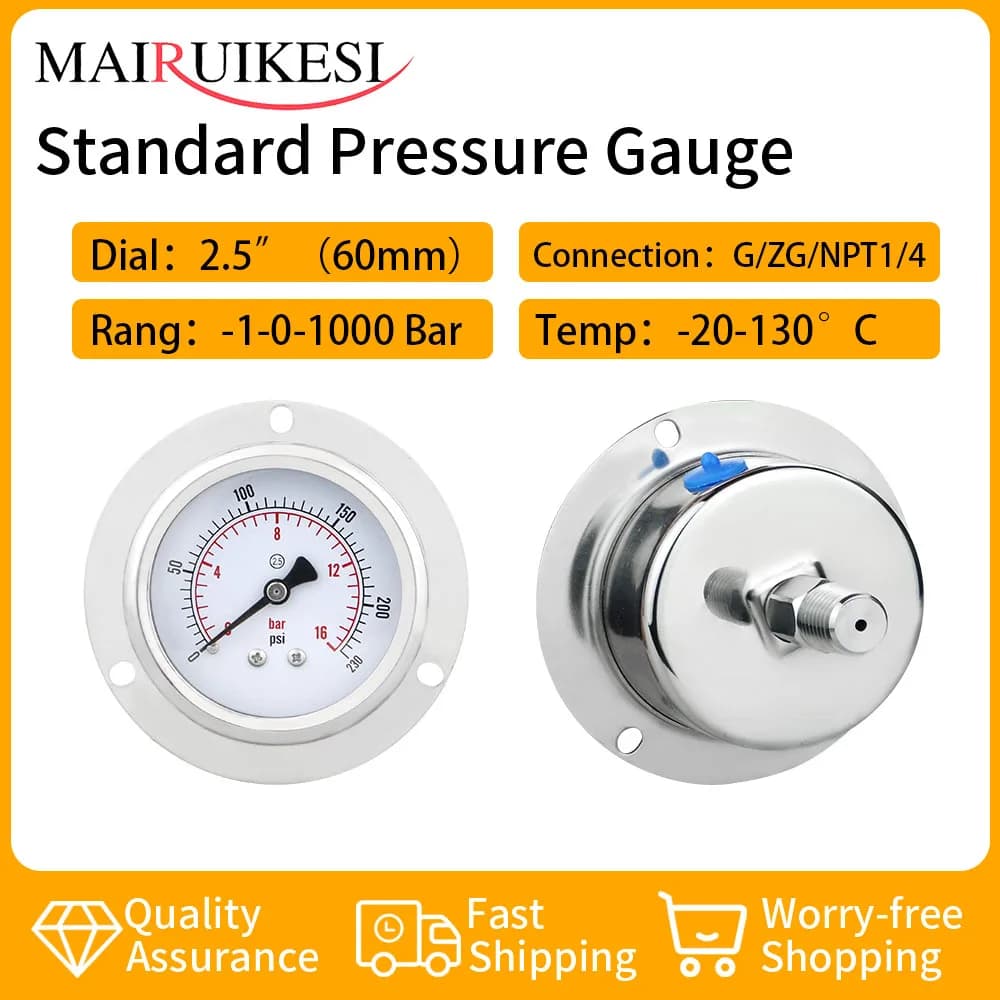 MAIRUIKSI Manometer Dry Stainless Steel pressure Gauges 60mm(2.5") back vacuum Gauge -1-600bar Pressure Hydraulic Gas Manometers