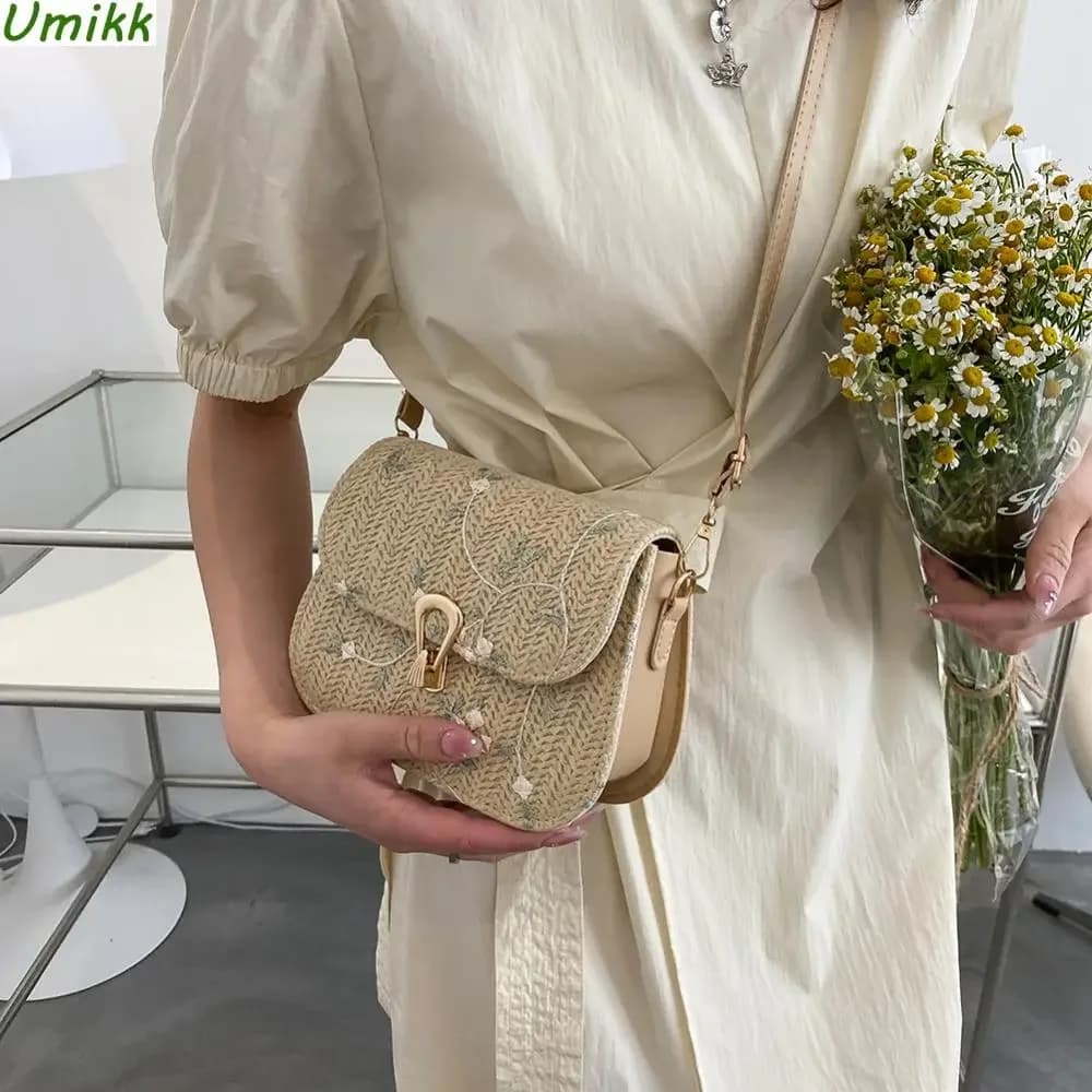 Borsa a tracolla tessuta da donna tracolla regolabile borsa di paglia di fiori chiusura a cerniera borsa a fiori intrecciata borsa da spiaggia estiva femminile