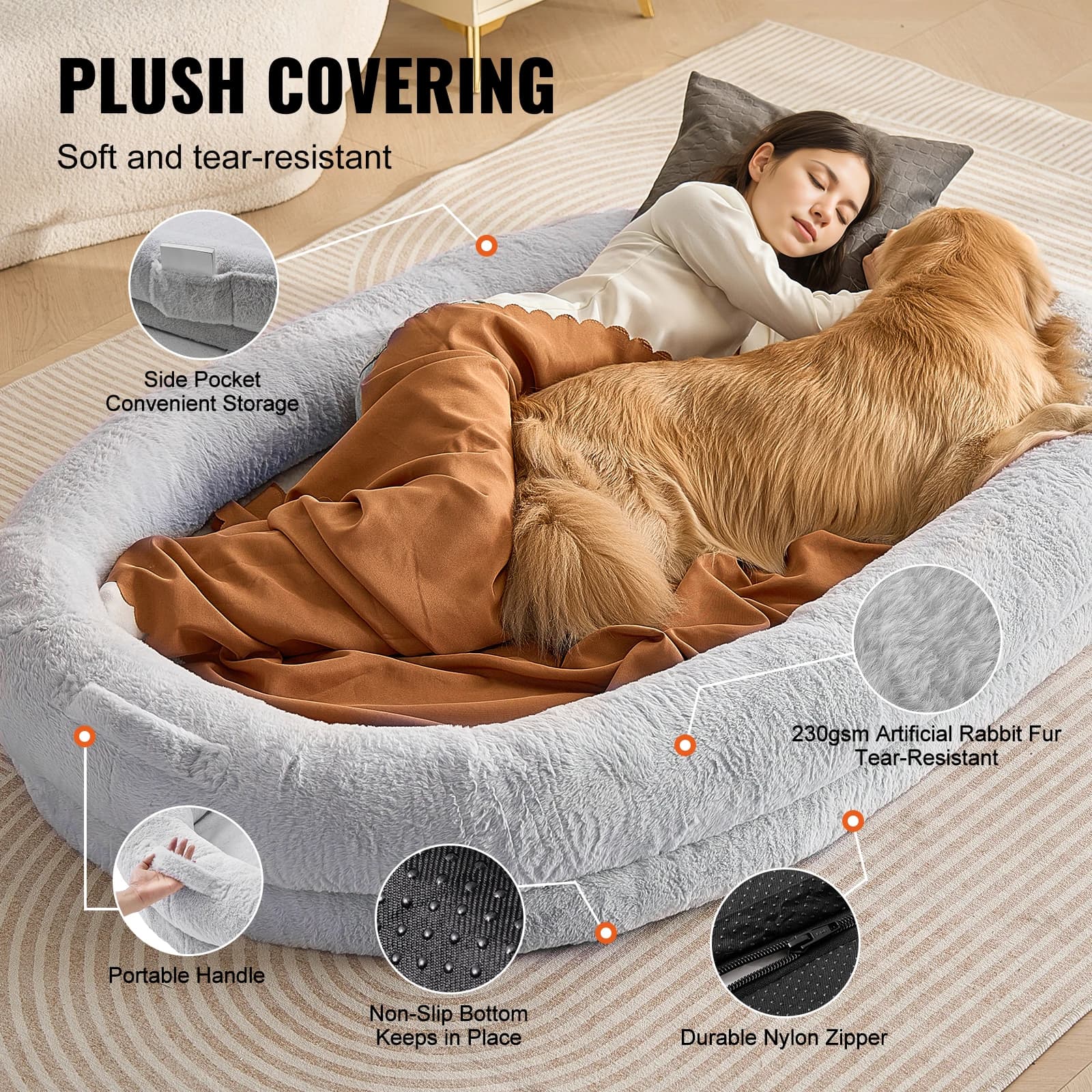 Letto per cani umani Letto per cani umani con copertura lavabile in pelliccia di coniglio sintetica Grigio schiuma ortopedica per uova