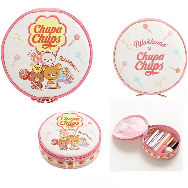 Borsa portaoggetti multifunzionale con cerniera a forma di torta rotonda Rilakkuma Pu, ispirata all'anime giapponese, con scomparti per rossetti, portamonete e porta carte
