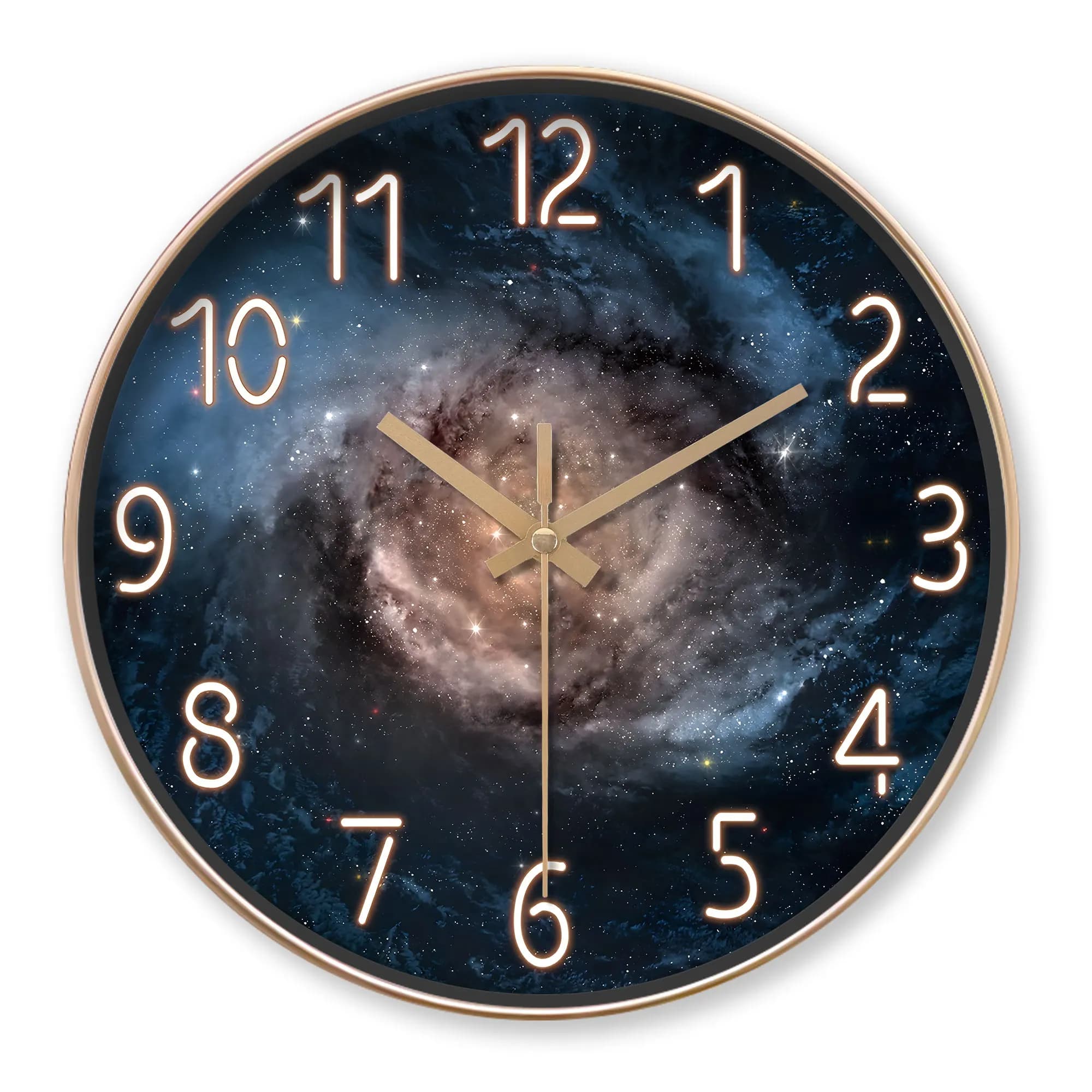 Orologio da Parete Rotondo a Tema Galassia, Numeri Luminosi e Decorazioni Cosmiche (Batterie Non Incluse), 10-16 Pollici