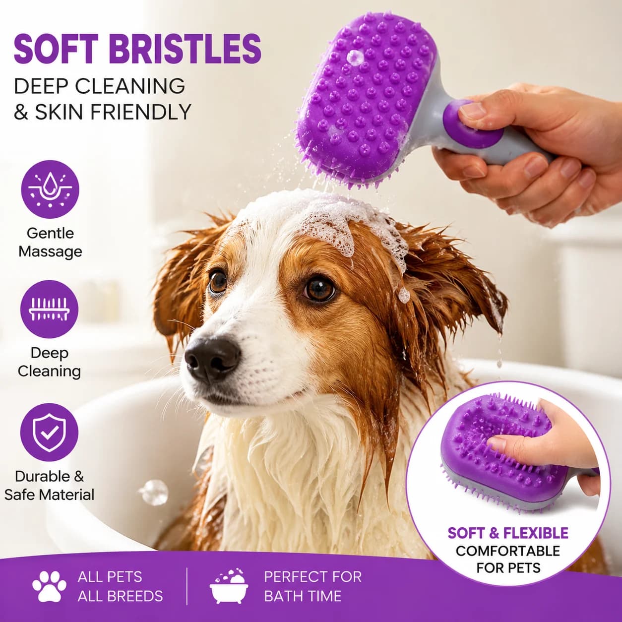 Press Dispensing Silicone Pet Bath Brush Dual-Side Massage Dog Grooming Comb Soft Rubber Shampoo Scrubber Tool For Puppy Cat