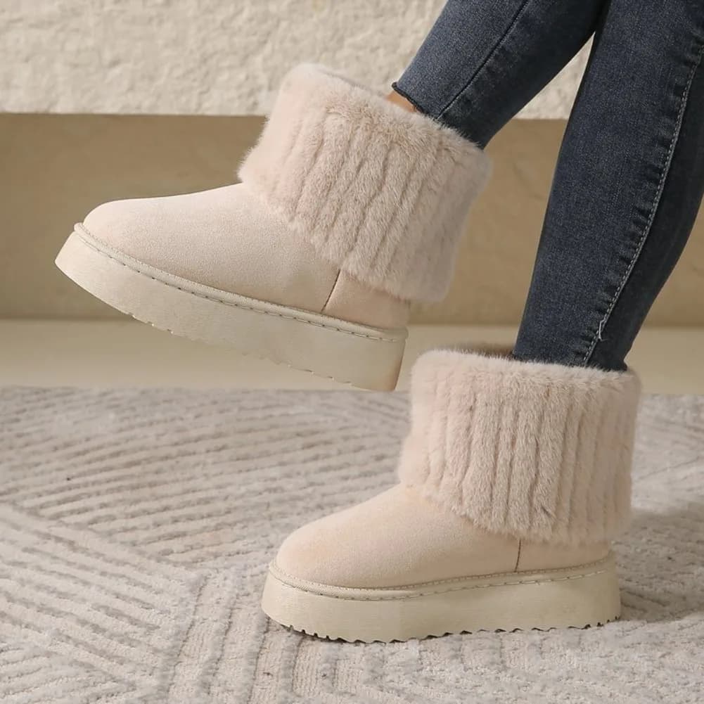 Shoes for Women Winter Slip on Women's Boots Black Round Toe Solid Flock Plush Warm Mid Heel Water Proof Casual Snow Boots Women