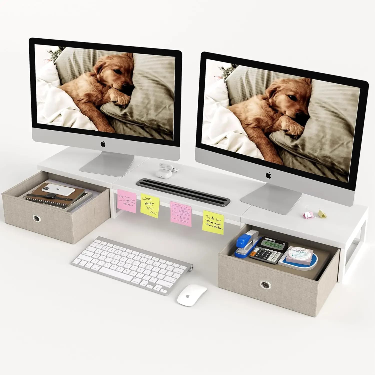 Supporto per Doppio Monitor con Cassetti, Organizzatore Ergonomico da Scrivania per Ufficio e Home Office