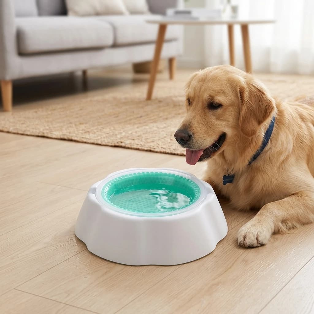 Pet Cooling Food Bowl with Reusable Ice Gel for Summer Feeding Dogs Cats Anti-Slip Base Shallow Wide Design