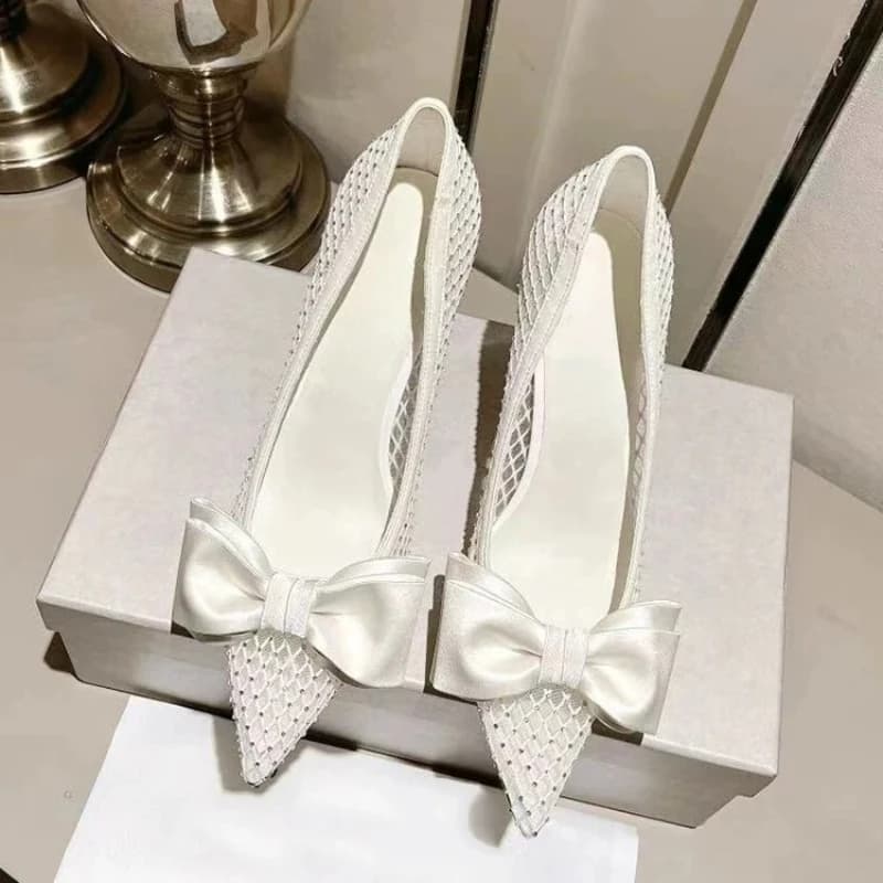 Fishing Net Rhinestone Bow Pointed Head Stiletto Sexy Temperament Breathable Single Shoes Women