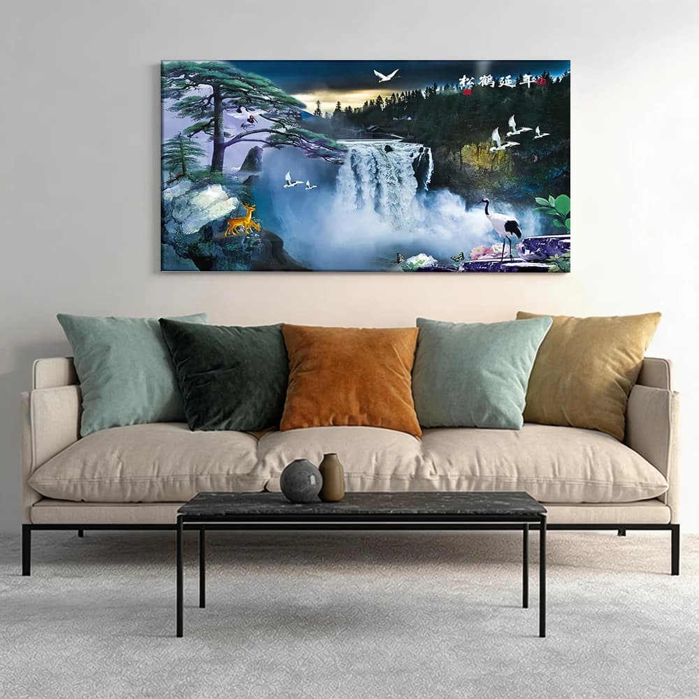Painted on canvas with large wooden frame, 1 piece. Landscape: waterfall, crane, deer.