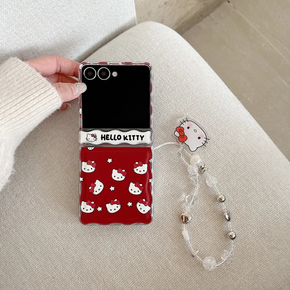 Nice phone case with Sanrio Hello Kitty cartoons for Samsung Galaxy Z Flip 7, TPU hard case with corrugated edge and cord.